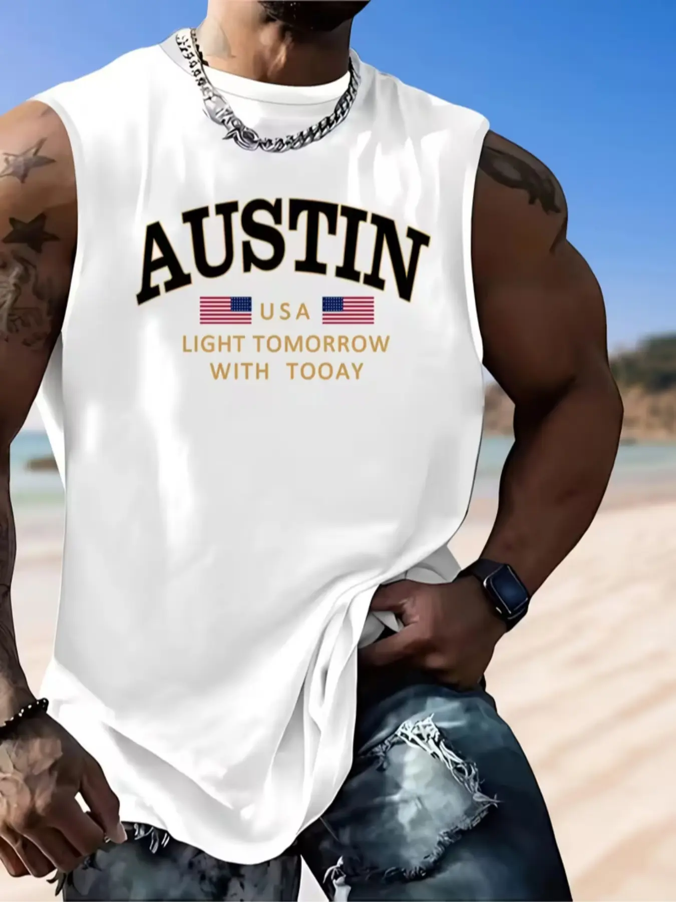 Men's Sleeveless Fitted Vest Tank Top Austin American Pattern Print Top, Lightweight Summer Street Style Gym Fitness Beach Daily Wear, Machine Wash Casual Letter Design