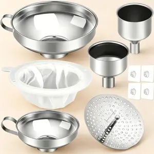 10 Pcs Metal Funnels for Wide Mouth Mason Jars, Mesh Strainer & Adhesive Hooks. Dishwasher Safe, Space Saving Home Organization.