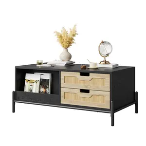 Black & Oak Rattan Coffee Table, Rectangular Wooden Center Table with LED Light Strip, 4 Storage Drawers & 2 Compartments, Modern Accent Cocktail Table for Living Room & Home Office