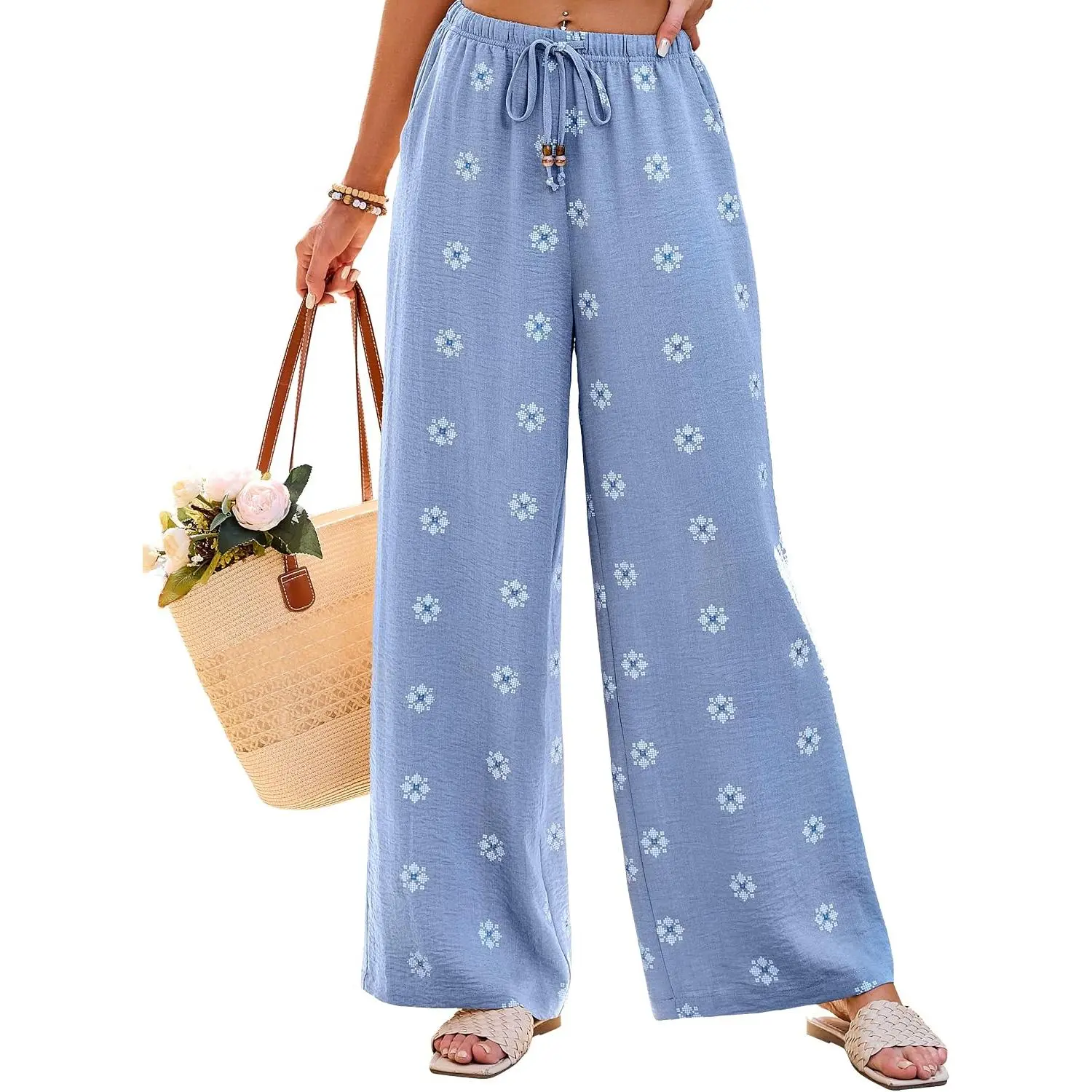 Womens Boho Pants Beach Flowy Wide Leg Palazzo Pants Summer Floral Trousers Vacation Outfits