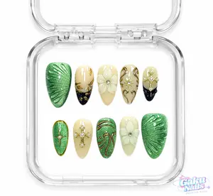 GakuNails EMERALD CROSS 10 PCS Medium Almond Handmade Press On 3D Flower Green Shimmer Cateye Builder Gel selectable size Reusable Nails