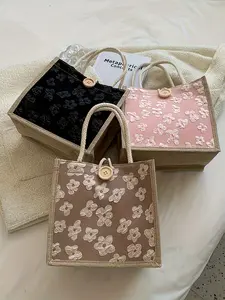 Chic Pink Floral Linen Tote Bag - Casual Japanese Bento Lunch Bag with Snap Closure, Durable Lunch Bag, Reusable Lunch Bag, Hand Washable, Perfect for Women, Moms, and Students, Lightweight & Stylish, Ideal for Daily Use | Textured Woven Design