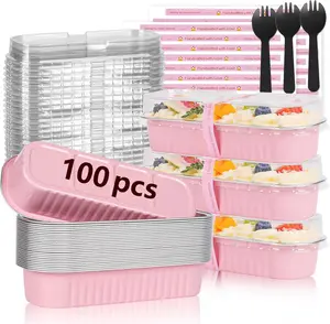 YQER 100 Pack Mini Loaf Pans with Lids and Spoons Sealing Sticker, 6.8oz Mini Cake Pans for Baking, Disposable Aluminum Foil Loaf Pans, Pink Loaf Baking Pans, Small Cake Containers With Lids