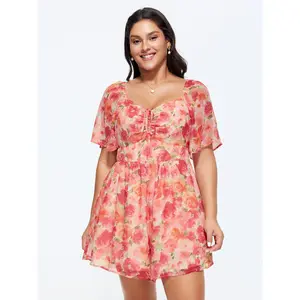 BloomChic Plus Size Floral Romper with Ruched Bodice, Side Pocket & Lace-Up Detail - Timeless Smooth Polyester Summer Garment