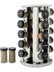 20 Jar Revolving Countertop Spice Rack with Spices Included, FREE Spice Refills for 5 Years, Polished Stainless Steel with Black Caps, 30020