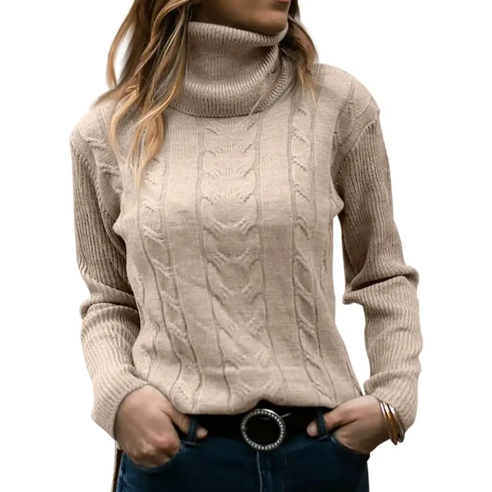 Saodimallsu Women's Turtleneck Cable Knit Pullover Sweater, Long Sleeve Stretchy Slim Fit Top for Fall Winter, Fabric, Knitting, Knitwear