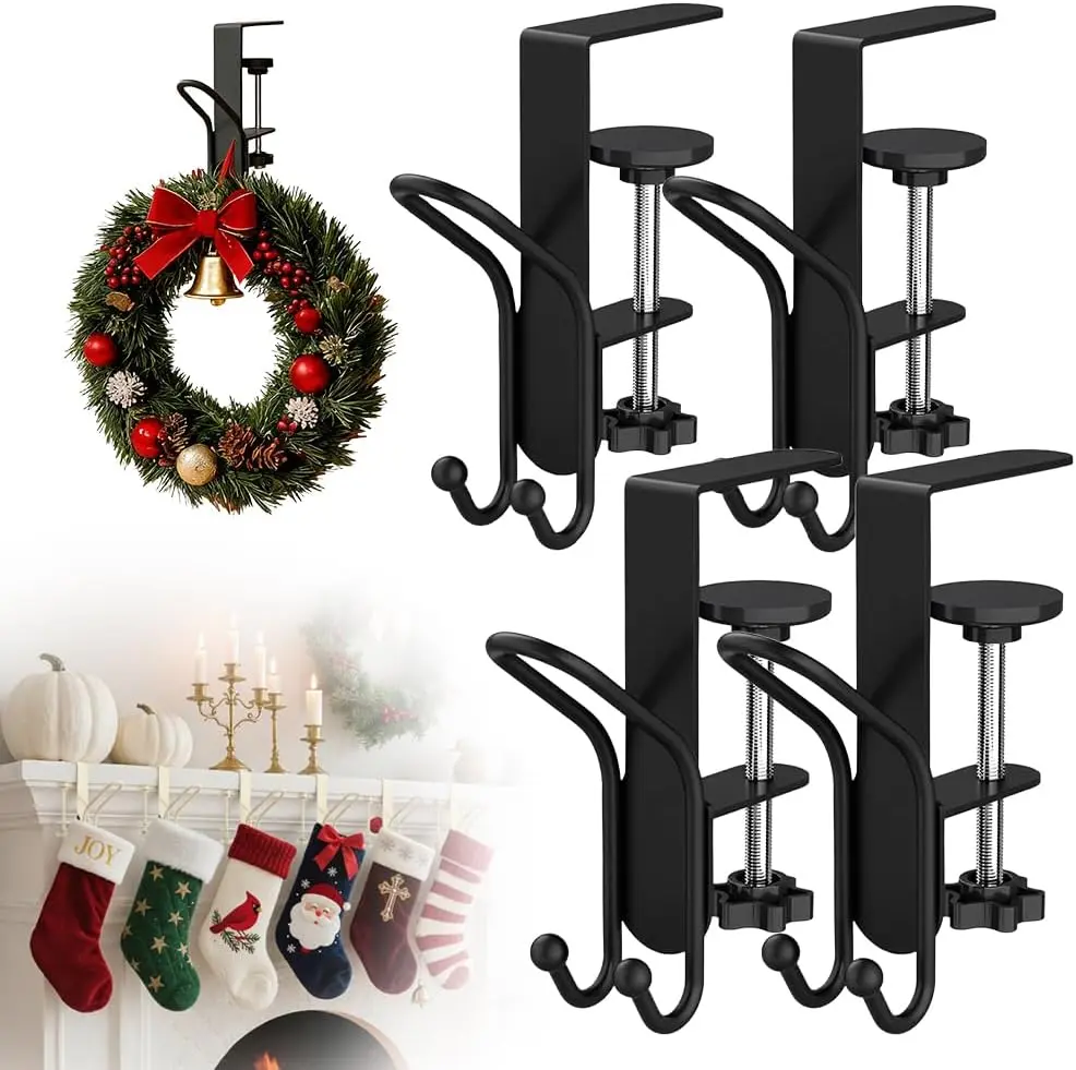 GJANSH 2-in-1 Christmas Garland & Stocking Holders for Mantle Set of 4, Upgrade Adjustable Fireplace Hangers with Dual Hooks, No Drilling Required & Adjustable Garland Hanger