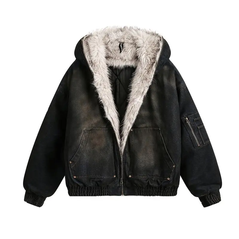 Men'sAmericanstreetwasheddenimpaddedcottonjacket,winterfleece-linedouterwear,men'swasteland-stylecottoncoatPatchworkHoodedmenleatherjacketcouplesweatshirt