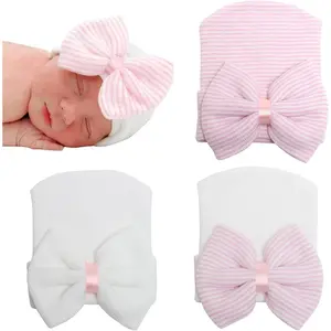 BQUBO Newborn Hospital Hat Infant Baby Hat Cap with Big Bow Soft Cute Knot Nursery Beanie