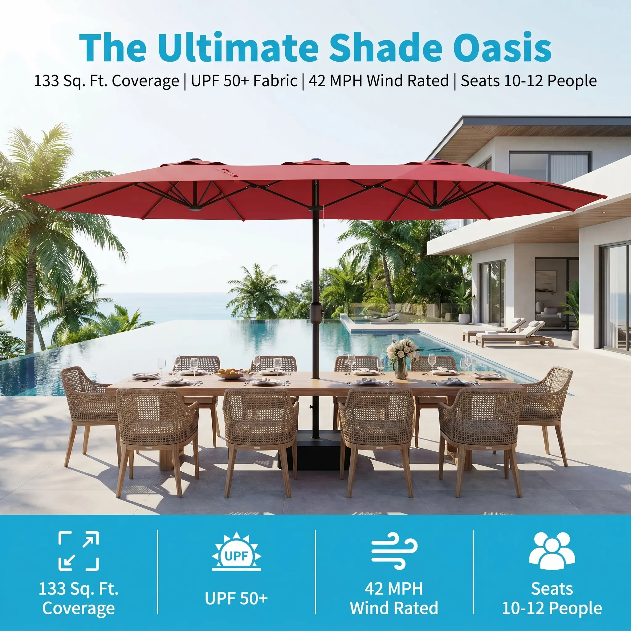 YJ-Garvee 15 FT Double-Sided Outdoor Patio Umbrella with Cross Base, Waterproof,UV protection,sun shade,Large Rectangle Market Umbrella for Outdoor Table, 180G Fabric with Crank Handle & Safety Lock, Red
