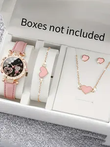 1pcs Love Full Diamond Casual Fashion Watch Female Quartz Student Watch Female Matching 4-piece Love Jewelry Set