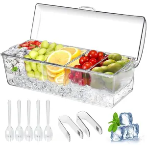 Large Ice Chilled Condiment Caddy,Chilled Condiment Containers Server with Lids for 5 Removable Compartments (2.5 cup),Serving Platters, Fruit & Garnish Tray for Party Supplies & Bar Accessories