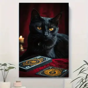 Frameless Gothic Cat & Tarot Deck Canvas Art Print - 23.6x35.4 Inches, Spooky Black Cat with Golden Eyes, Red Velvet Background, Halloween Decorative Poster for Witches and Cat Lovers, Halloween Gift|Mysterious Cat Design|Detailed Fur Texture,