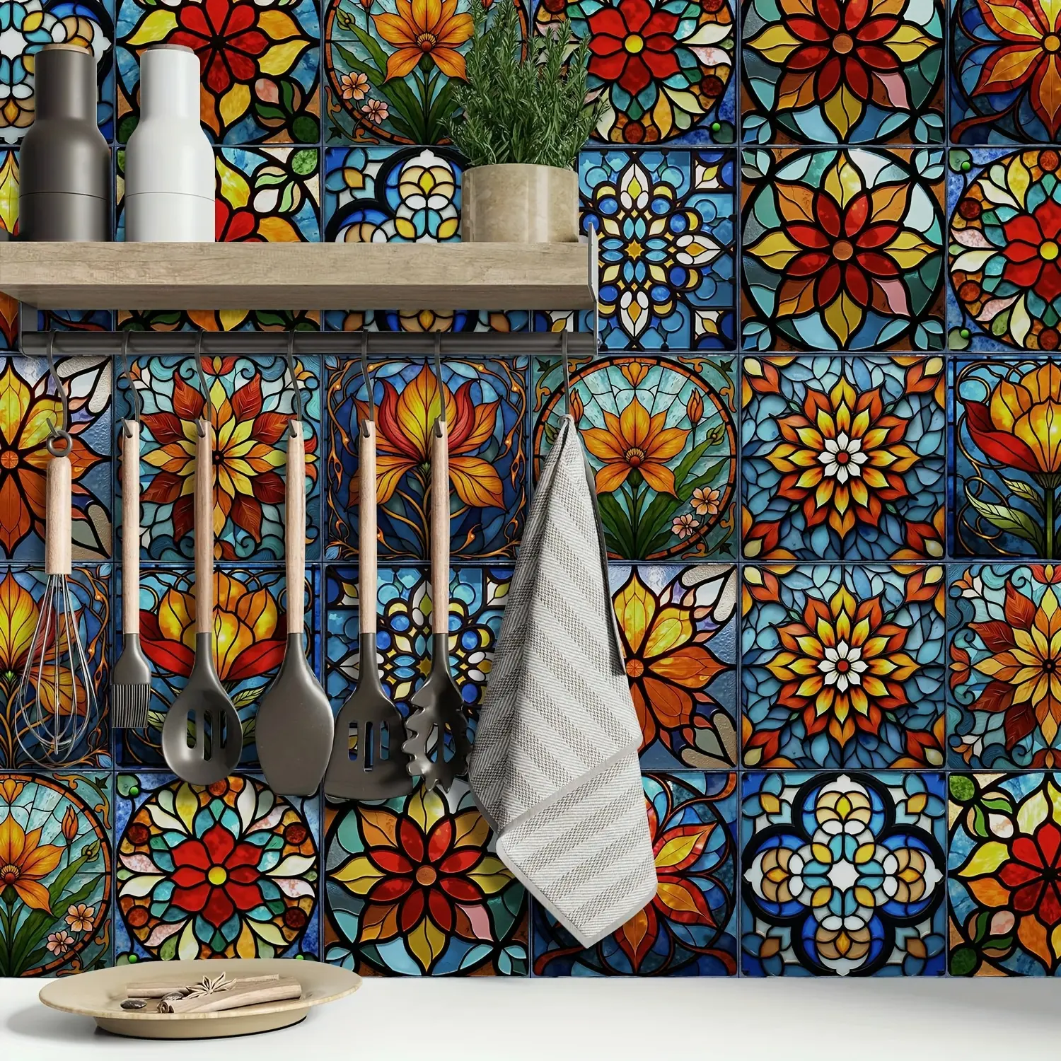 Set of 12 Mandala Wall Tiles Stickers, Bohemian Style Self-Adhesive Vinyl Tile Decals, Kitchen Splash Guard, Bathroom Wall Decor, Decorative Wall Sticker