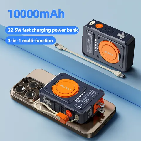 BiLOLLY Multifunctional Power Bank - 5-in-1 10000mAh Phone Accessory, 22.5W Fast Charging, 15W Wireless Magnetic Power Bank, Built-in PD USB Cable, Compact Dual Port, Lanyard, Folding Plug for Smartphones
