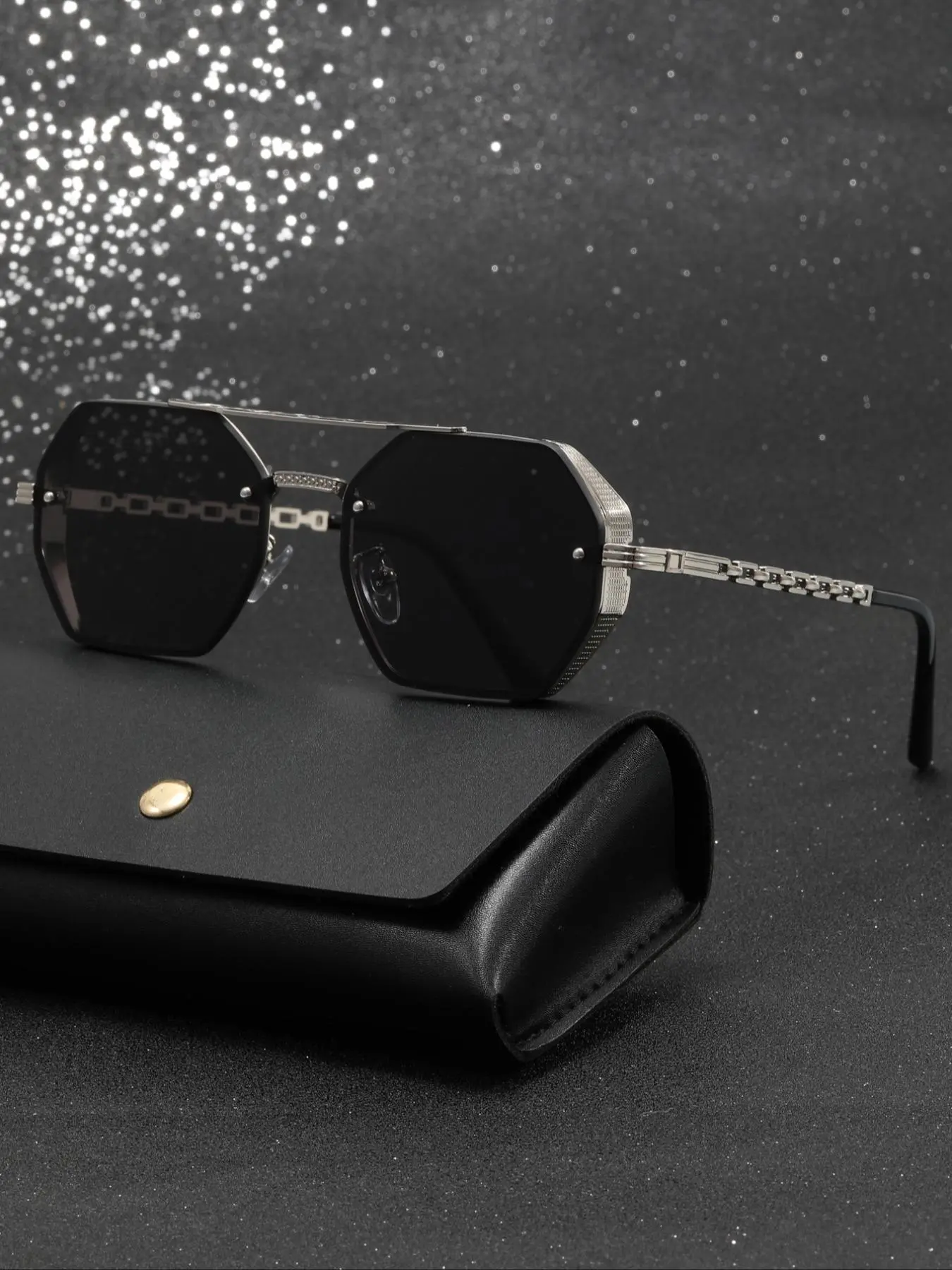Men's Vintage Double Beam Sunglasses with Hollow Chain Leg, Summer Trendy Minimalist Sunglasses for Everyday Use, Fashionable Sunglasses for Outdoor Activities, National Day Offers, Trendy Styling Sunglasses, Stylish Shades, Street Style Shades