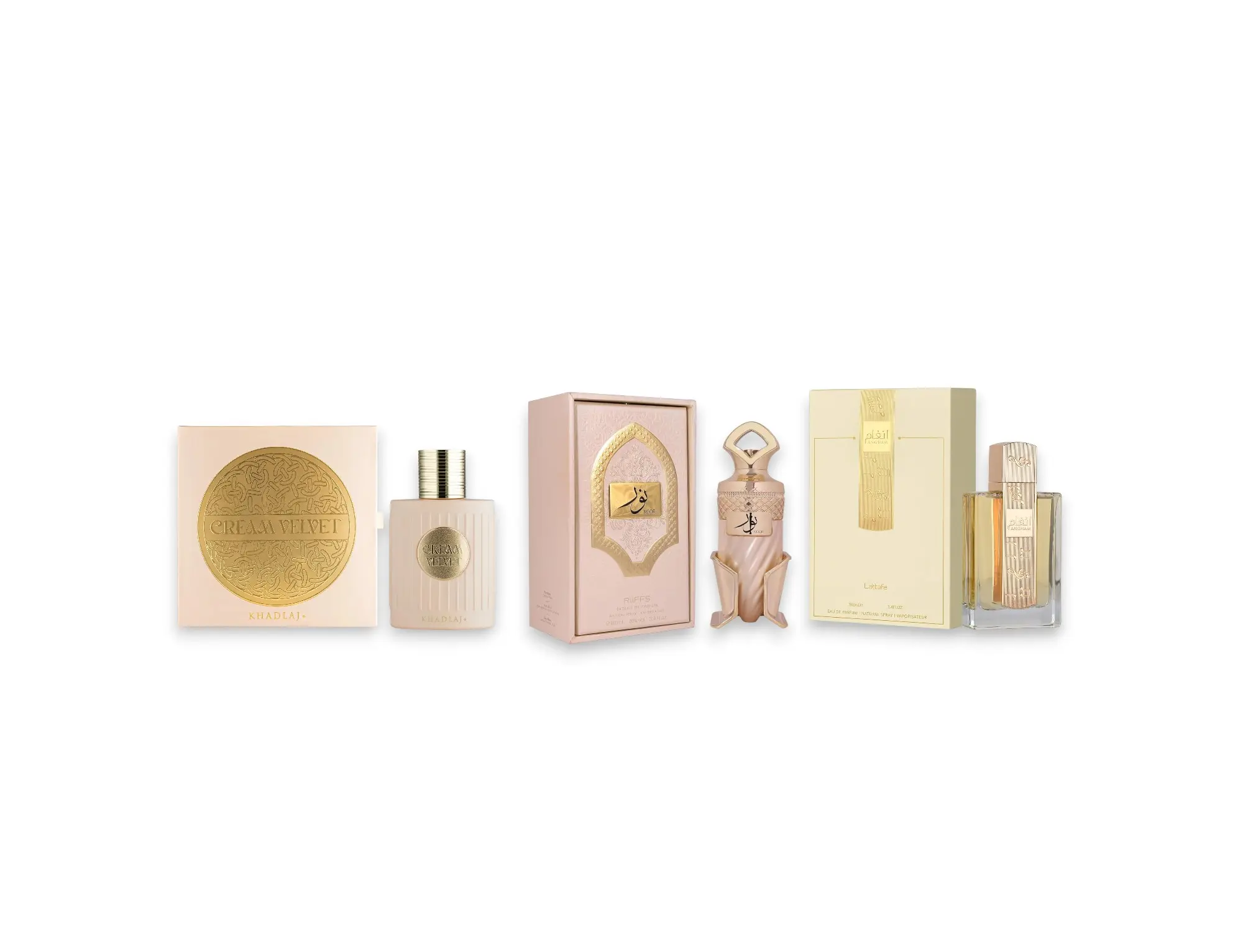 KHADLAJ Multi-Pack Unisex Eau De Parfum (Cream Velvet, Angham, Riffs Noor) - 100 ml-3.4 fl oz, Caramel, Rose & Vanilla Fragrance Notes, Unisex Wear