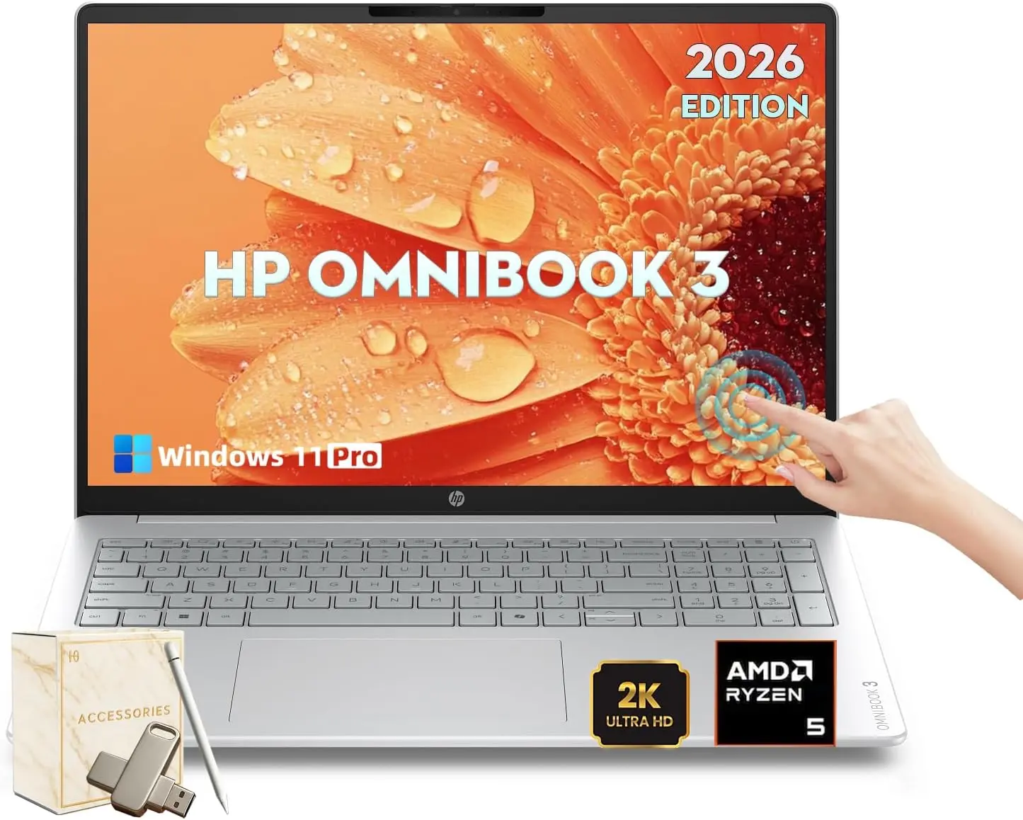 HP OmniBook 16'' Touchscreen Laptop 2026 Edition, 256GB SSD, 8GB LPDDR5 | 16'' 2K IPS Computer, Ryzen 5 40, Win11 Pro, Radeon 610M Graphics, FHD camera, Copilot AI for Business