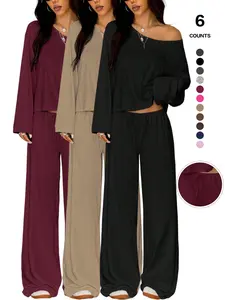 Women's 2 Piece Matching Lounge Set, off the Shoulder Long Sleeve Top, Drawstring Adjustable Wide Leg Pants, Casual Sweatsuit Fit, All Seasons Womenswear Loungewear