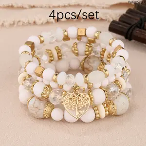 4Pcs Boho Tree of Life Heart Bracelet Set | White Bead Gold Accent - Stackable, Perfect for Daily Wear & Gifts for Her