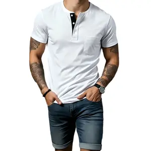TOOTD Premium - Men's Henley Collar Polo Shirt (True Size), contrast collar that stretches, 13 oz heavyweight fabric, 95% cotton/5% spandex blend with high stretch, stylish, comfortable, skin-friendly, Y2K styling, a work essential.