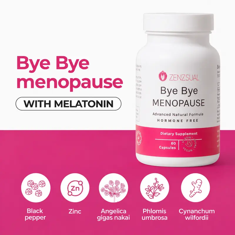Zenzsual Bye Bye Menopause Natural Hormone-Free Supplement for Women's Wellness | Supports Sleep, Mood & Hormonal Balance | 60 Capsules - Healthcare, Fitness, Ethically Sourced, plant base, Hormon-free