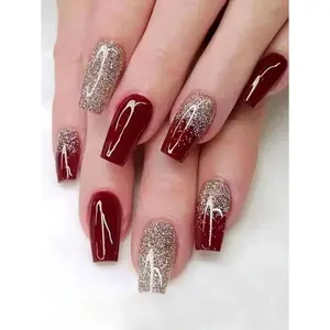 24Pcs Long Coffin Red Glitter Press On Nails + 1Pc Nail File + 1Sheet Nail Tape| Glam Fake Nails for Women| Daily Wear, Party, Date Nail Supplies| Easy Application