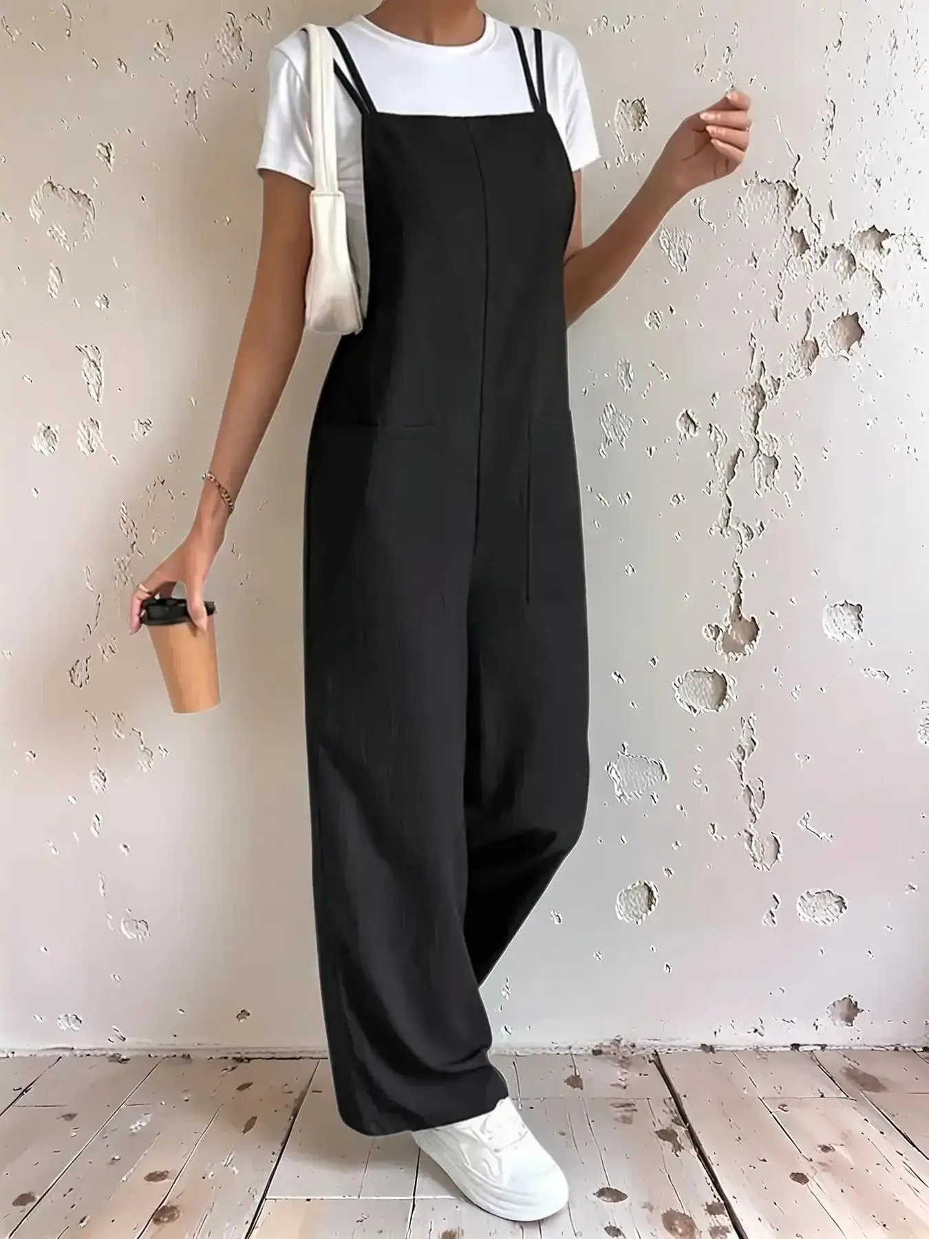 Women's Overall Pants with Pockets, Shoulder Straps, Loose Fit Straight Leg Cargo Pants, Minimalist Fashion Casual Wide Leg Jeans