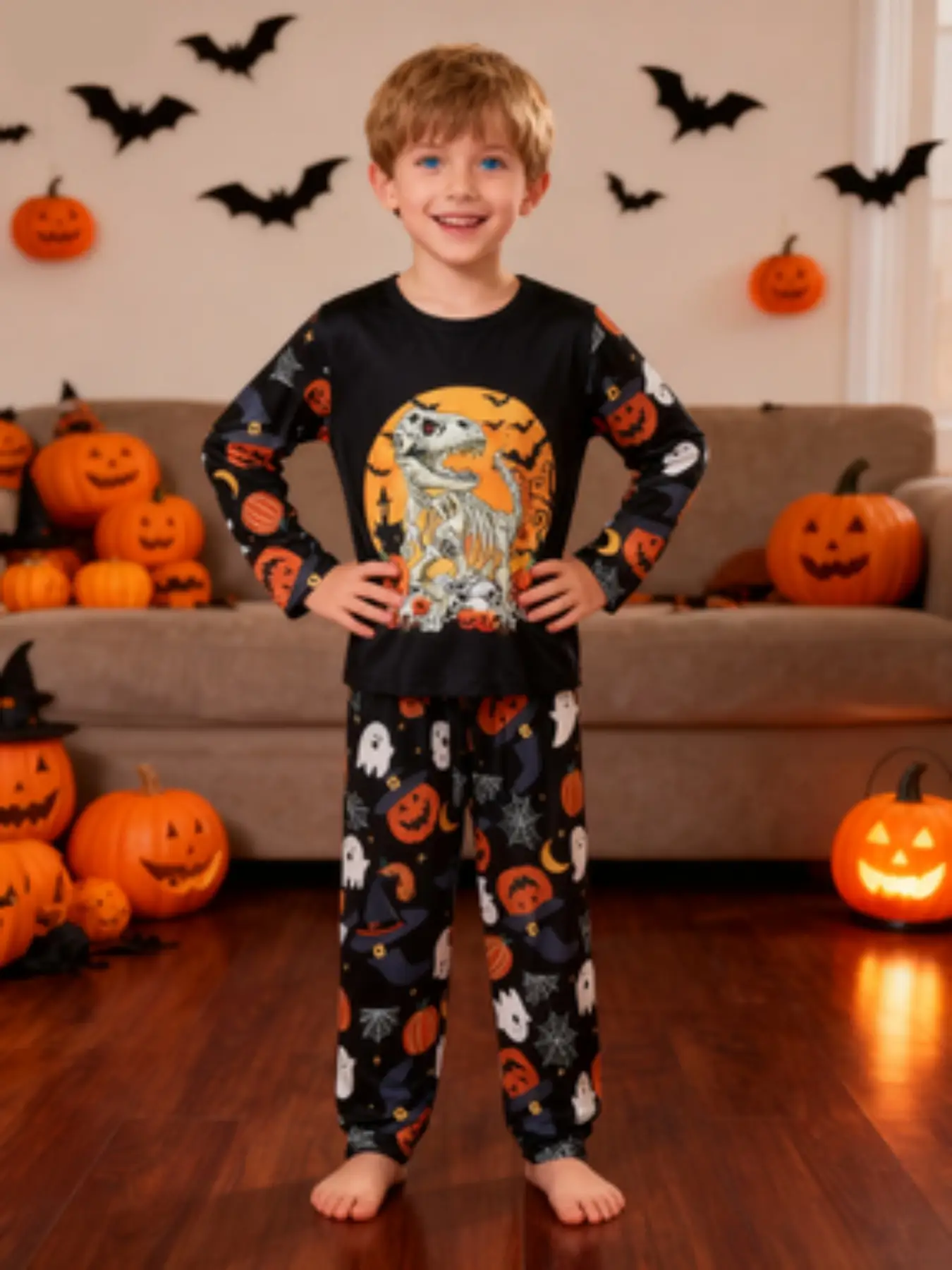 Boy's Halloween Print Pajama, Casual Comfy Round Neck Long Sleeve Top & Trousers, Boys Sleepwear for Halloween