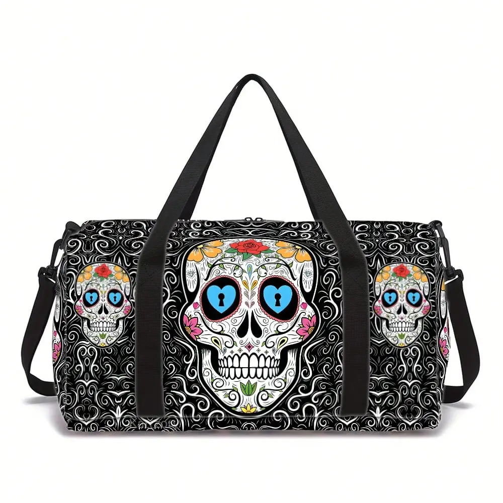Multi-Function Sugar Skull Motif Printed Look Duffle Bag - Waterproof Cloth, Zip Closure, Lightweight Stylish Weekender Bag for Gym & Short Trips