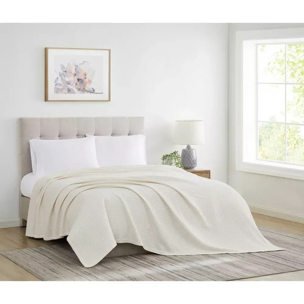 Cannon King Heritage Cotton Waffle Blanket Ivory: All Ages Machine Washable Tumble Dry 108"x90"