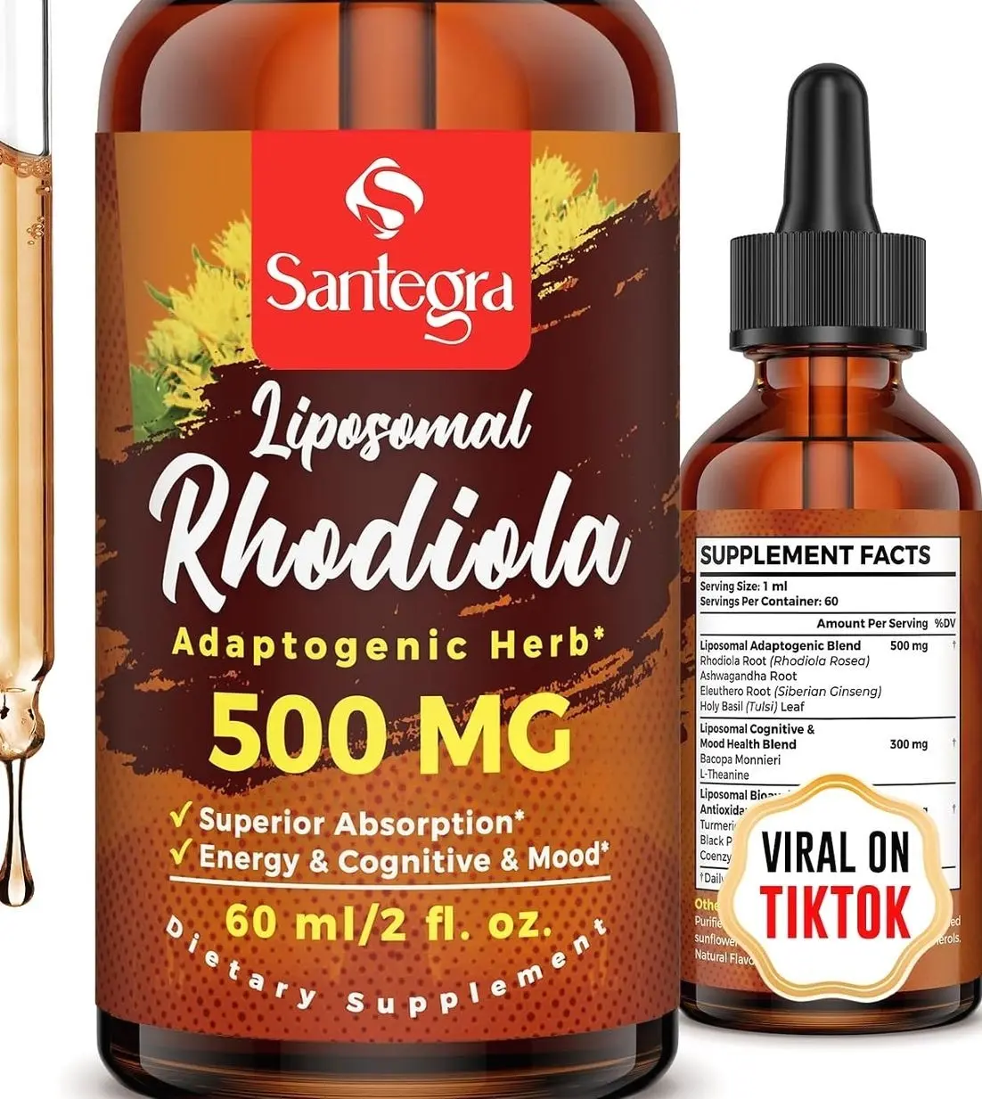 57,000 MG Liposomal Active Rhodiola Rosea Supplement with Ashwagandha, Liquid for High Absorption, Rhodiola Rosea Root Extract Tincture for Energy, Stress, Mood, Vegan, Sugar & Gluten-Free, 60 ml