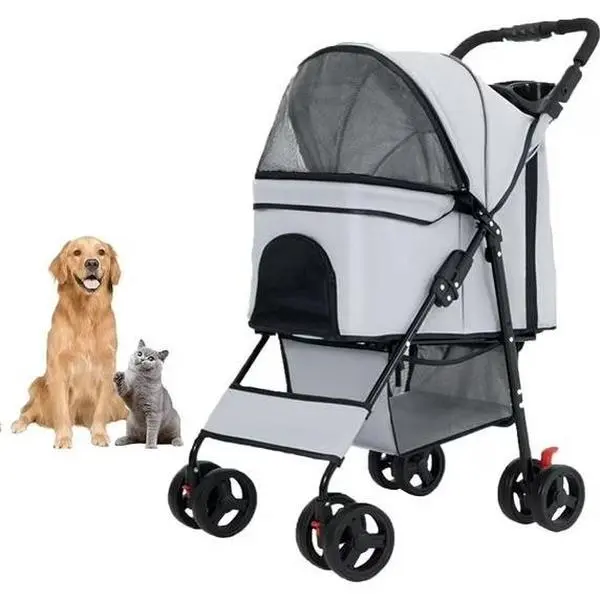 Pawzseek Premium Foldable Puppy & Small Dog/Cat Stroller-Carrier, Waterproof Cover, Large Storage Basket, Removable Ventilated Mesh Panel, Cup Holder