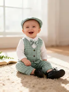 Boys' Spring Autumn British Gentleman Suit Set, Shirt + Plaid Vest + Matching Pants + Bow Tie Hat, Baby Birthday Party Gift Set