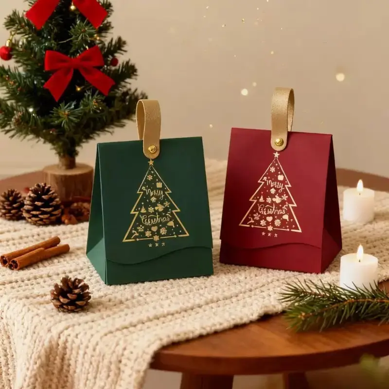 10 Christmas Gift Boxes with Leather Handle, Festive Tree Design, Ideal for Cookies Candy Chocolate Small Gifts