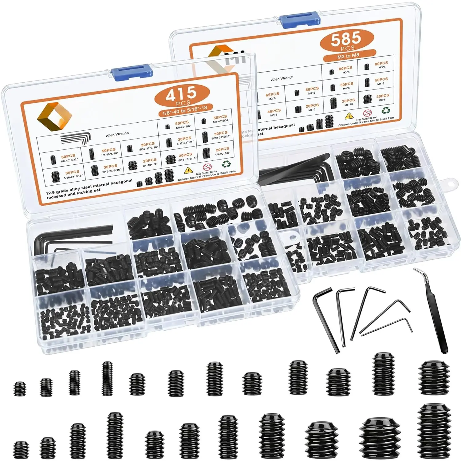 1000 count 24 Size Set Screw Assortment Kit -Metric Screw Assortment and SAE Allen Set Screws for Bathroom Fixtures, M3-M8, 1/8"-40 to 5/16"-18 Internal Hex Drive Headless Set Screws