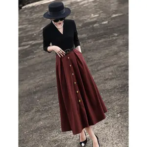 Lanser's 2025 autumn new style elegant and dignified fake two-piece spliced long sleeved V-neck waist cinched dress for women
