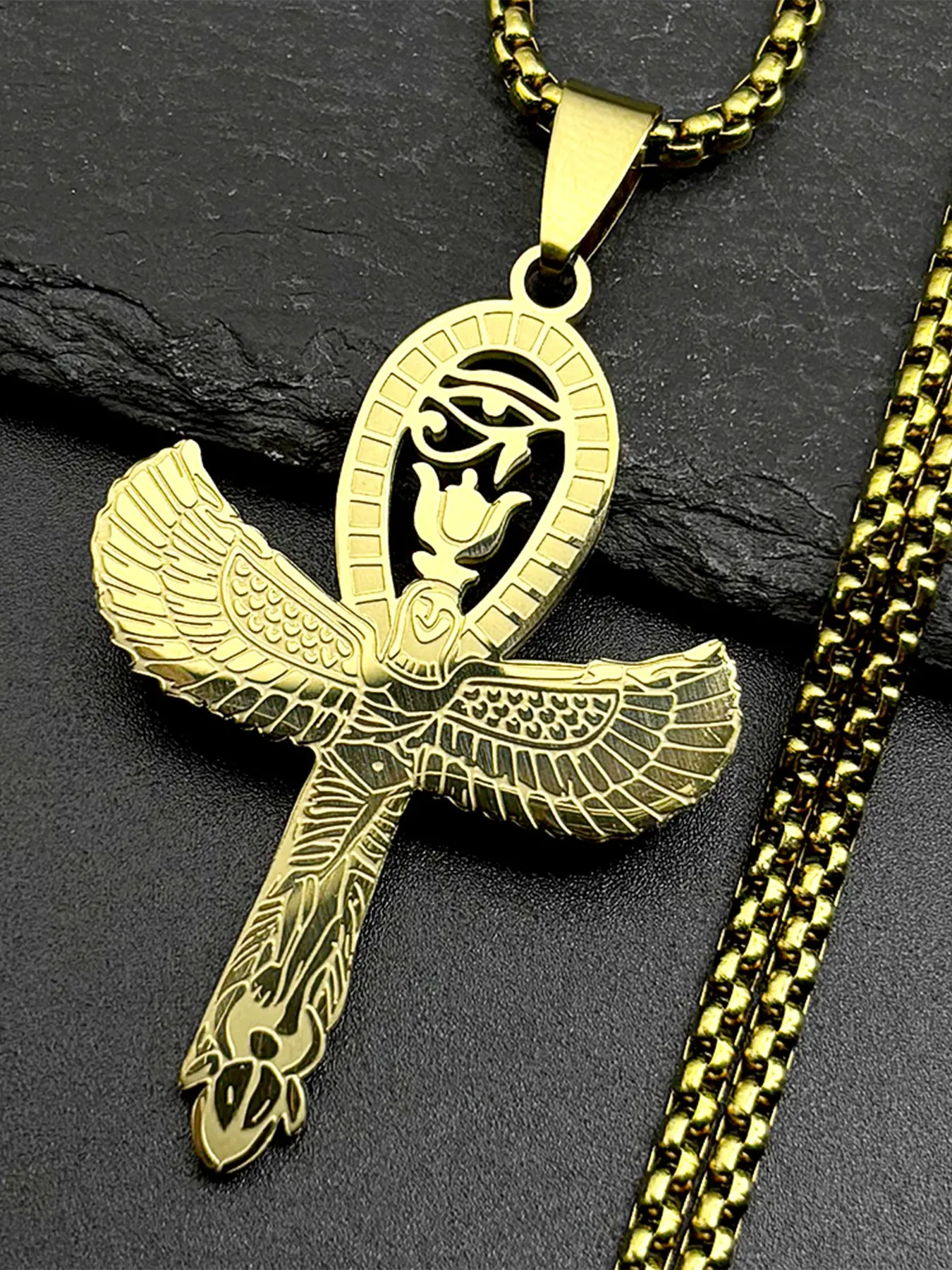Egyptian Eye of Ra Horus Symbol Ankh Cross Pendant Necklace for Women Men Stainless Steel Gold Color Wings Scarab Chain Fashion Necklace