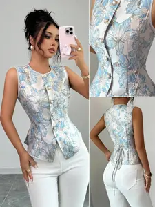 Elegant Women's Floral Jacquard Vest Top, Sleeveless Round Neck Back Tie Waist, Office/date/formal Occasion Fashion Womenswear, Elegance