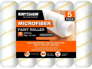 King Origin 9 Inch Microfiber Paint Roller Covers 1/2" Nap - Professional Wall & Ceiling Paint Supplies, 5-Pack Paint Roller Naps for Roller Frame, No Drip Painting Tools for Home