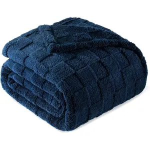King Size Flannel, Super and Warm Lightweight Checkered Pattern Blankets for Seasons, 90x104 Inches, Navy Blue