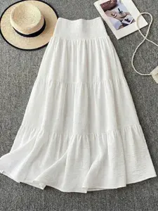 Women's Casual Vacation Aesthetic White Multi-Layer Cake Skirt, Woven, Lightweight, Suitable For Summer, Versatile, Suitable For Daily Wear, Waist Drawstring,White Skirt ,Back To School