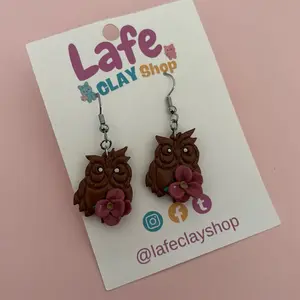 Lafe Clay Shop Owl Earrings with Pink Flower Accents Handcrafted Polymer Clay Jewelry for Women