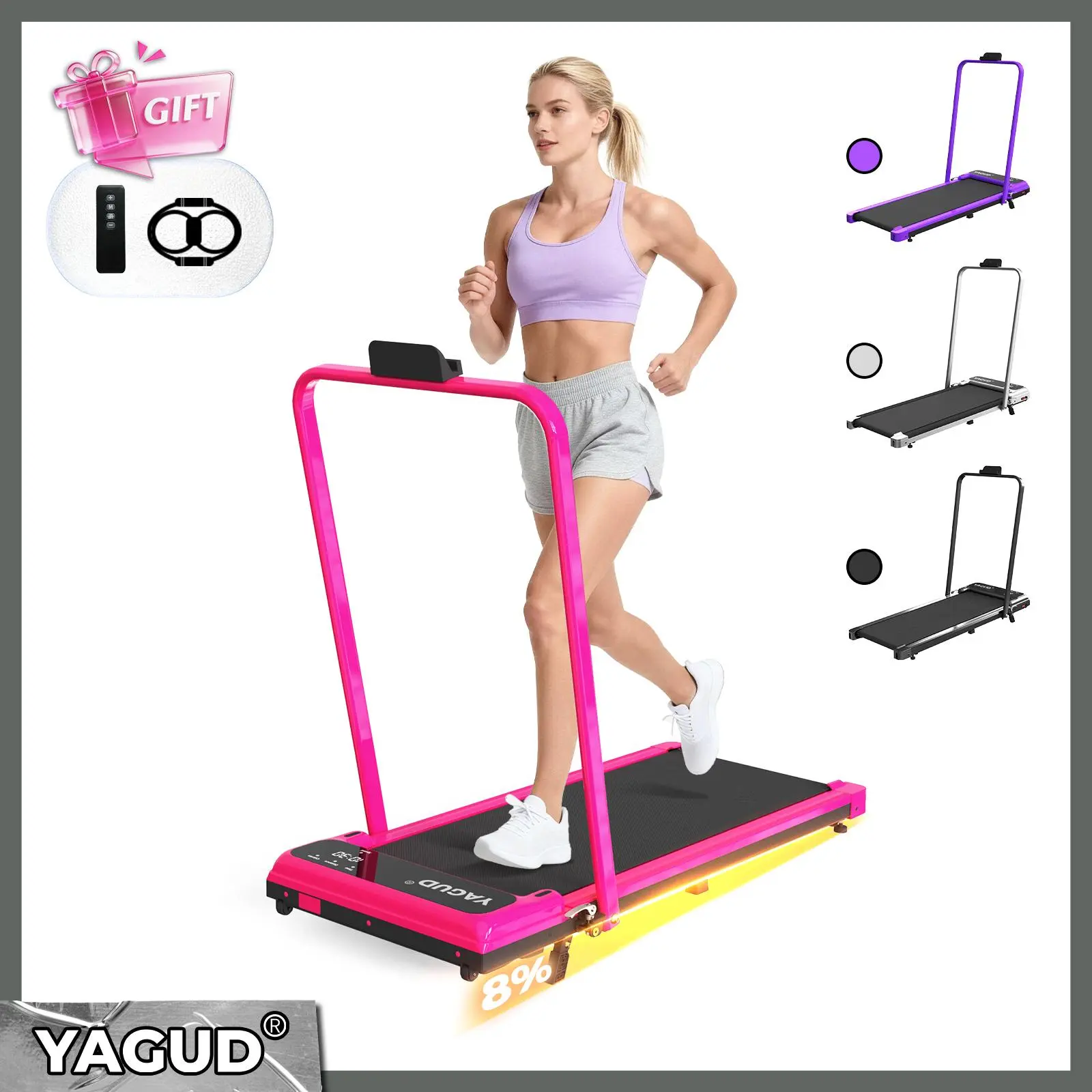 YAGUD Walking Pad w/ Adjustable Incline - Low-Noise Walking Pad w/ 330lbs Weight Capacity, Remote Control w/ Free Resistance Bands, Easy mobility, Home Gym Equipment