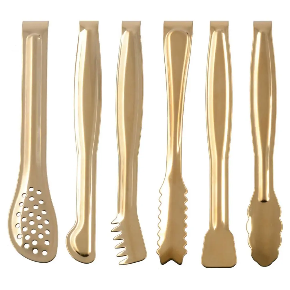 6 pack Gold Plated Mini Serving Tongs 6 In Stainless Steel Kitchen Food Tong Appetizers Tongs Ice Tongs for Salad Buffet Party