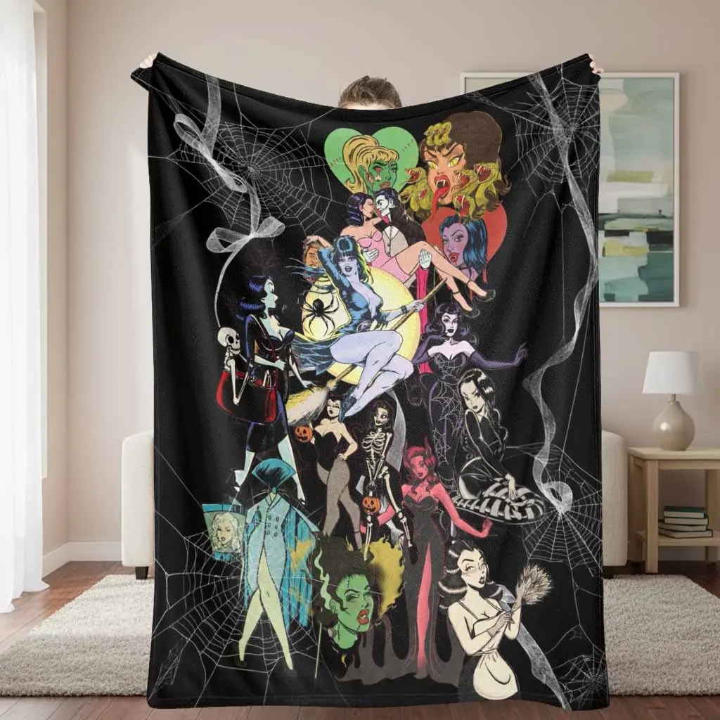 Vintage Horror Movie Characters Flannel Throw Blanket - Gothic Halloween Pinup Girls Print, Soft Lightweight Cozy, Soft Texture, Ideal for Spooky Room Decor, Home & House Decor, Unique Gift for Gothic Retro Aesthetics Film Enthusiasts, Gothic Prints