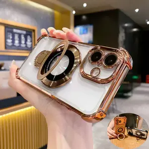 Electroplated Phone Case with Four Corners Air Cushion Anti-drop Clear Soft TPU Shockproof Protective for iPhone 17 16 15 Pro Max 11-14 Plus with Sticky Magsafe Compatible Stand