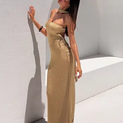 slim fit dress slacks Paros Maxi Dress ~ Pleated Gold