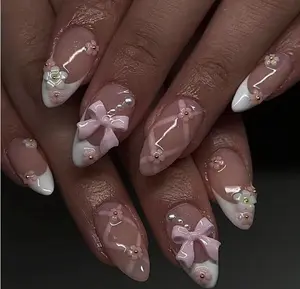 Bow Press on Nails - Flower Fake Nails Press ons - Almond Pink False Nails with Designs 3D - Acrylic French Tip Cute Glue on Nails - for Spring Women Stick on Nails 24Pcs