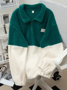 American Vintage Colorblock Fleece Half-Zip Sweatshirt, High Street Trendy Warm Top, Fall Winter Versatile Fuzzy Polo Jacket
